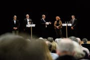 Zweite Podiumsrunde: Andreas Jenny, Willi Hartmann, Moderator Urs Brüschweiler, Heidi Gerber und Urs Tobler. (Bild: Donato Caspari)