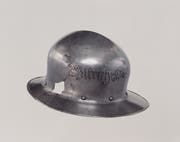 Der angebliche Helm, den Zwingli auf dem Schlachtfeld in Kappel trug. (Bild: Landesmuseum)