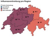 Hochgerechnete Grippeverdachtsfälle pro 100'000 Einwohner in der zweiten Januar-Woche. (Grafik: BAG)
