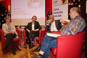 Gabi Huber, Urs Janett und Ruedi Cathry im Gespräch mit Moderator Bruno Arnold (von links). (Bild: Remo Infanger, Altdorf, 17. Januar 2019)