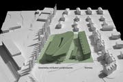 Die Visualisierung zeigt die Dimensionen des geplanten Reiseterminals samt Wohnüberbauung entlang der Schaffhauserstrasse (Pappelallee) mit Sicht aus Westen. (Bild: PD/Architektur Strut)