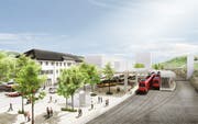 Modell, wie der Bahnhof Herisau künftig aussehen könnte. Visualisierung: PD