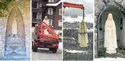 Die Statue wurde (von links nach rechts) von ihrem ursprünglichen Standort mit einem Transporter mit Kranen an ihren neuen Bestimmungsort gebracht. (Bilder: PD)