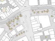 Das Siegerprojekt Vadian zur Umgestaltung von Marktplatz und Bohl. Am linken unteren Bildrand ist anstelle des Blumenmarkts der Planungsperimeter für die neue Bibliothek ausgespart. (Illustration: PD/Stadt St.Gallen)