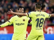Lionel Messi und Jordi Alba bejubeln den 2:0-Sieg des FC Barcelona in Girona (Bild: KEYSTONE/EPA EFE/ANDREU DALMAU)