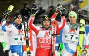V.l.n.r.: Alexis Pinturault (FRA/2. Platz), Marcel Hirscher (AUT/1. Platz) und Daniel Yule (SUI/3. Platz) in Schladming. (Bild: KEYSTONE/APA/HERBERT NEUBAUER)