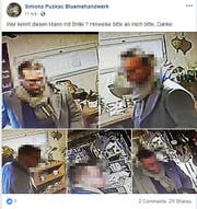 Mit diesem Facebook-Post sucht die Ladeninhaberin nach dem Mann. Sein Gesicht wurde nachträglich von der Redaktion verpixelt. (Bild: Screenshot/Facebook)