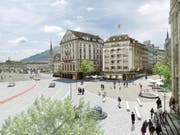 Visualisierung eines car-freien Schwanenplatzes, unter anderem mit einem Brunnen. (Bild: Stadt Luzern)