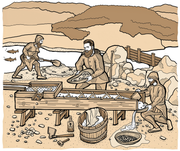 Zur Goldgewinnung benutzten bereits die Helvetier einen sogenannten Waschtisch: Ein Holzkanal mit einem Boden, der feine Löcher enthielt. (Illustration: Oliver Marx)