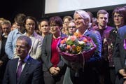 Andrea Gmür freut sich über ihre Nomination als Ständeratskandidatin der Luzerner CVP. Links von ihr Regierungsrat Reto Wyss. (Bild: Boris Bürgisser, Sursee, 29. Januar 2019)