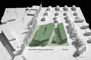 Die Visualisierung zeigt die Dimensionen des geplanten Reiseterminals samt Wohnüberbauung entlang der Schaffhauserstrasse (Pappelallee) mit Sicht aus Westen. (Bild: PD/Architektur Strut)