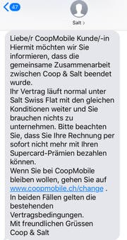 Dieses SMS versendet Salt an Coop-Mobile-Kunden. Bild: CH Media.