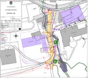 Der Bauplan im Detail: Violett markiert sind der neue Werkhof und das Feuerwehrdepot, dunkelgrau rechtsunten ist der Kiesfang zu sehen. Gelb eingezeichnet ist der neue Verlauf der Hüttenmoosstrasse. (Bild: PD)