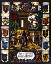 Das Glasgemälde von 1659 zeigt die Blendung Leodegars. Darüber rechts ist klein die Szene zu sehen, wie nach der Enthauptung Leodegars dessen Henker von einem fliegenden Teufel gepackt wird. Das Bild ist eingerahmt von diversen Wappen, unter anderem von Chorherren der Luzerner Hofkirche. Bild: PD