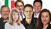 Bekannte Politologen (von links nach rechts) Claude Longchamp, Sarah Bütikofer, Lukas Golder, Michael Hermann, Adrian Vatter und Cloé Jans. (Bild: Keystone/Flurin Bertschinger/zvg, Montage: kob)