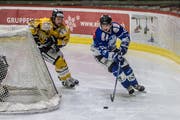 Luzerns Verteidiger Cyril Niederhäuser (rechts) wird von Rheintal-Stürmer Lukas Sieber hinter dem HCL-Tor unter Druck gesetzt. Bild: Nadia Schärli (Luzern, 12. Oktober 2019)