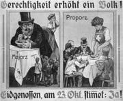 Ja-Plakat zur dritten Volksabstimmung über das Proporz-Systems von 1918. Am 13. Oktober 1918 stimmten Volk und Stände der dritten Initiative über die Proporzwahl des Nationalrates mit 66,8 Prozent Ja-Stimmen deutlich zu. (Bild: Keystone)