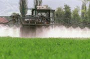 Symbolbild: Ein Bauer versprüht Pestizide auf seinem Feld. (Bild: Arno Balzarini/Keystone)