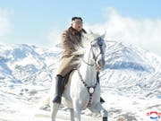 Nordkoreas Machthaber Kim Jong Un reitet propagandawirksam auf dem Rücken eines weissen Pferds auf dem Berg Paektu, dem höchsten Gipfel des Landes. (Bild: KEYSTONE/EPA KCNA)