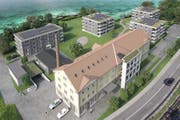 Vier Wohnhäuser entstehen auf dem Rorschacherberger Industrieareal. Hier soll einmal der Seeuferweg starten. (Visualisierung: PD)