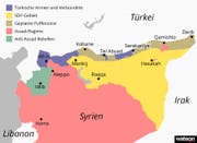 Aktueller Stand der Lage in Nordsyrien am 16. Oktober 2019. (Bild:Kkarte: watson/lea, Quelle: syriancivilwarmap.com)