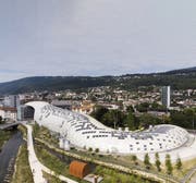Der neue Swatch-Hauptsitz in Biel. Der Entwurf des futuristischen Gebildes mit einer Trägerkonstruktion aus Holz stammt vom japanischen Architekten Shigeru Ban. (Bild: Peter Klaunzer/Keystone, 5. August 2019)