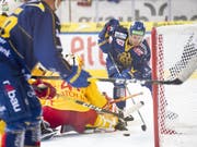 HCD-Stürmer Mattias Tedenby erzielt das 1:0 gegen Biels Goalie Elien Paupe (Bild: KEYSTONE/GIAN EHRENZELLER)