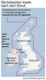 Tritt Grossbritannien mit seinen vier Landesteilen aus der EU aus, entsteht eine Grenze zwischen Nordirland und der Republik Irland. (Bild: Keystone, Montage: dpa)