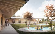 Das L-förmige Gebäude schmiegt sich um den Kinder- und Familienplatz und schützt diesen vor Strassenlärm. (Visualisierung: Zech Architektur)