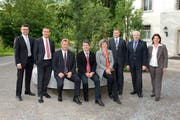 Guido Grütter will mit dem Münchwiler Gemeinderat bis Ende Mai 2020 noch einiges erreichen. Im Bild von links: Gemeindeschreiber Daniel Peluso, die Gemeinderäte Pascal Leutenegger, Manfred Filliger, Jos-Reto Bernet, Susanne Falk, Enrico Kämpf, Gemeindepräsident Guido Grütter und Nadja Stricker. (Bild: PD)