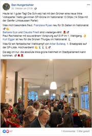 SP-Parteisekretär Dan Hungerbühler freut sich auf Facebook bereits über eine linksgrüne absolute Mehrheit im Stadtparlament.