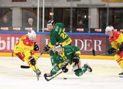 Der besonders motivierte HCT-Walliser Melvin Merola (Mitte, gegen Thomas Devesvre, links, und Gill Ducret) erzielte den wichtigen Ausgleich kurz nach dem Gegentreffer. (Bild: Mario Gaccioli)