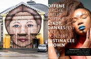 Das Graffiti an der Offenen Kirche und der Flyer zum Dankesfest vom 9. November. (Bilder: Sabrina Stübi/Offene Kirche)