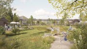 Eine grüne Oase und ein Begegnungsort zwischen der Migros Bach (hinten links) und dem Bahnhof St.Fiden (hinten rechts)? Ein neu gegründeter Verein glaubt an diese Vision und treibt ein entsprechendes Projekt als Zwischennutzung voran. (Illustration: Verein Areal Bach - 29. Oktober 2019)