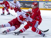 Lausannes Verteidiger Lukas Frick (links) im Fight mit Lakers-Stürmer Danny Kristo (Bild: KEYSTONE/PATRICK B. KRAEMER)