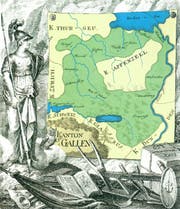 Erste Karte des Kantons: Athene, die Göttin der Weisheit, präsentiert St. Gallen als ihr Geschenk. Davon profitieren etwa das Gewerbe (Tuchballen) oder die Wissenschaft (Bücher). (Bild: Staatsarchiv St. Gallen)