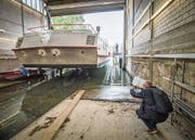 Stück für Stück ziehen zwei Stahlseile den Hellingwagen mit dem Motorschiff Arenenberg aus dem Rhein. (Bild: Reto Martin)