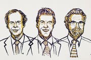 Frisch gekürte Nobelpreisträger, von links: William G. Kaelin, Peter J. Ratcliffe und Gregg L. Semenza. (Illustration: Nobel Media)
