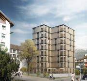 Der Neubau mit Holzfassade umfasst das Erdgeschoss und sieben Obergeschosse. (Visualisierung: PD)
