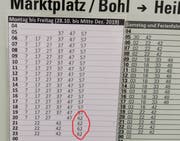 Provisorischer Fahrplan an der Bushaltestelle auf dem Bohl: Werktags haben sich die Abfahrtszeiten des Busses der Linie 6 ins Heiligkreuz wegen einer Baustelle in St.Georgen leicht verschoben. Neu fährt allerdings auch ein Bus um 20.62, 21.62, 22.62 und 23.62 ab. (Bild: PD - 1. November 2019)