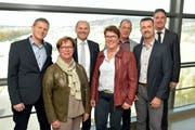 Der Weinfelder Stadtrat: Valentin Hasler, Veronica Bieler-Hotz, Stadtpräsident Max Vögeli, Ursi Senn-Bieri, Hans Eschenmoser, Daniel Engeli und Stadtschreiber Reto Marty. Es fehlt Thomas Bornhauser. (Bild: Mario Testa)