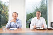 Die FCL-Aktionäre Hans Schmid (links) und Marco Sieber. (Bild: Matthias Jurt (Luzern, 23. Oktober 2019))
