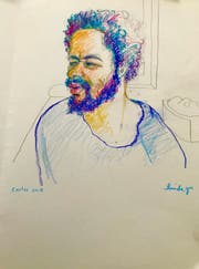 Brian K. alias Carlos hat sich mit Gewalt geweigert, in den Gerichtssaal zu kommen. Die Gerichtszeichnerin hat ihn aufgrund von Fotos porträtiert. (Zeichnung: Keysteone/Linda Graedel)