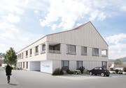 Die Visualisierung zeigt das geplante Wohn- und Gewerbehaus Schööferwiis im Ortsteil Kaltenbach. (Bild: PD)