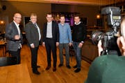 Der neu gewählte Arboner Stadtrat: Jörg Zimmermann, Luzi Schmid, Stadtpräsident Dominik Diezi, Didi Feuerle und Michael Hohermuth .