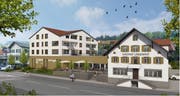 So soll der Lindenhof dereinst aussehen – links der Neubau mit Brauerei. (Visualisierung: Baumeler Partner AG)