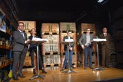Sie alle wollen ins «Stöckli»: Benedikt Würth, Susanne Vincenz-Stauffacher, Mike Egger und Patrick Ziltener (von links).(Bild: Ruben Schönenberger)