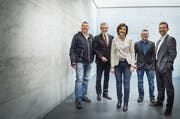 Stellen die Themen der Immozionale 2019 vor: Werner Meister (Hauseigentümerverband Kreuzlingen), Hans-Jörg Schoop (TKB), Messeleiterin Renate Giger, Daniel Meili (Kantonspolizei) und Urs Kramer (Svit-Vorstand). (Bild: Andrea Stalder)
