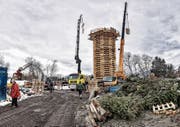 Für den Lustenauer Funken sollen fast 100 Tonnen Holz in Flammen aufgehen. (Bild: Lukas Hämmerle/Keystone)