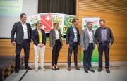 Treten für die SVP zur Nationalratswahl an: Manuel Strupler, Diana Gutjahr, Verena Herzog, Pascal Schmid, Stefan Mühlemann und Daniel Vetterli. (Bild: Andrea Stalder)